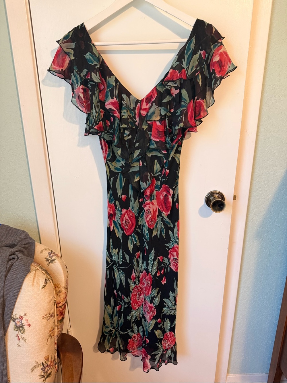 Chelsea & Violet Black Midi Dress with Pink Rose Print